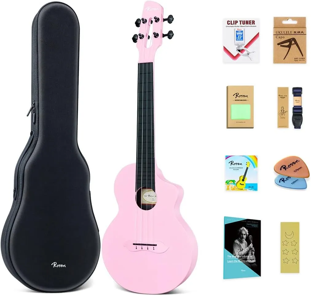Rosen Concert Ukulele 23 inch Carbon Fiber Travel Ukelele for Adult Kids Beginners Kit with Case, Tuner, Strap, Capo, Strings, Cleaning Cloth, Picks, Ukulele Book(Pink)