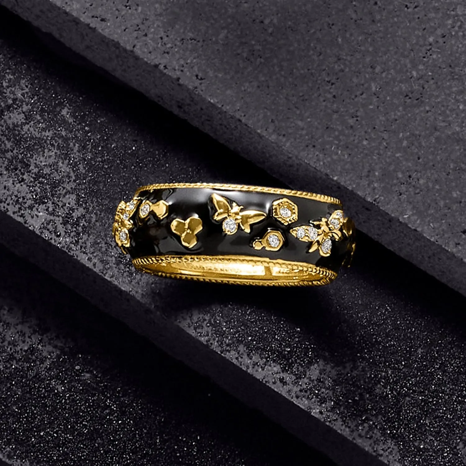 Ross-Simons 0.30 ct. t.w. White Topaz and Black Enamel Bumblebee Ring in 18kt Gold Over Sterling