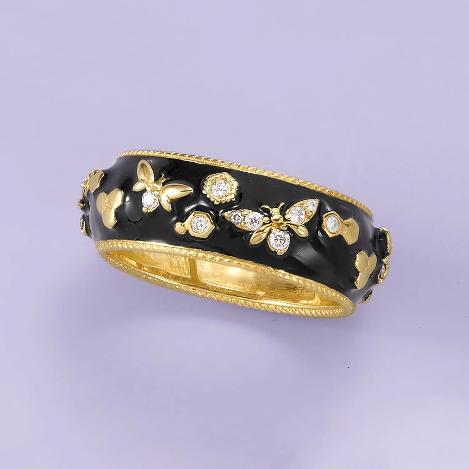 Ross-Simons 0.30 ct. t.w. White Topaz and Black Enamel Bumblebee Ring in 18kt Gold Over Sterling
