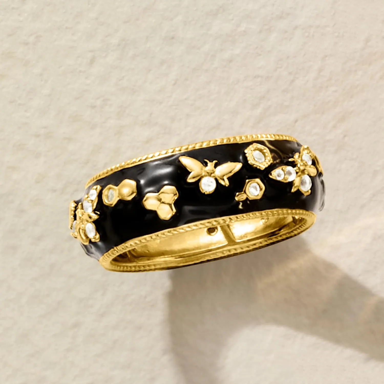 Ross-Simons 0.30 ct. t.w. White Topaz and Black Enamel Bumblebee Ring in 18kt Gold Over Sterling