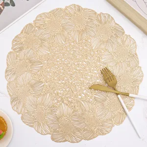 Round Gold Vinyl Placemats Set of 6, 15 Inch Flower Hollow-Out Place Mats Washable Non Slip Heat Resistant Table Mats for Dinner Table Settings Party Decoration