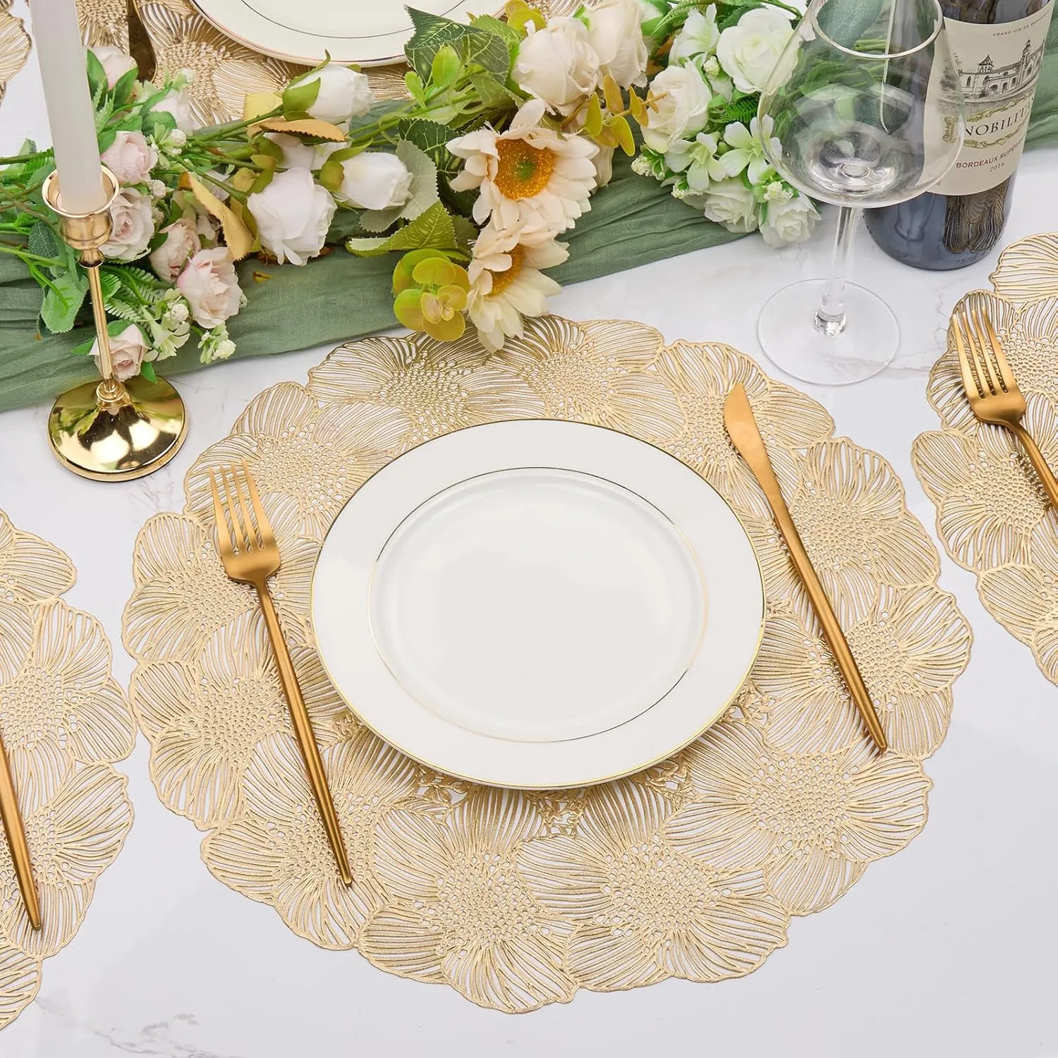 Round Gold Vinyl Placemats Set of 6, 15 Inch Flower Hollow-Out Place Mats Washable Non Slip Heat Resistant Table Mats for Dinner Table Settings Party Decoration