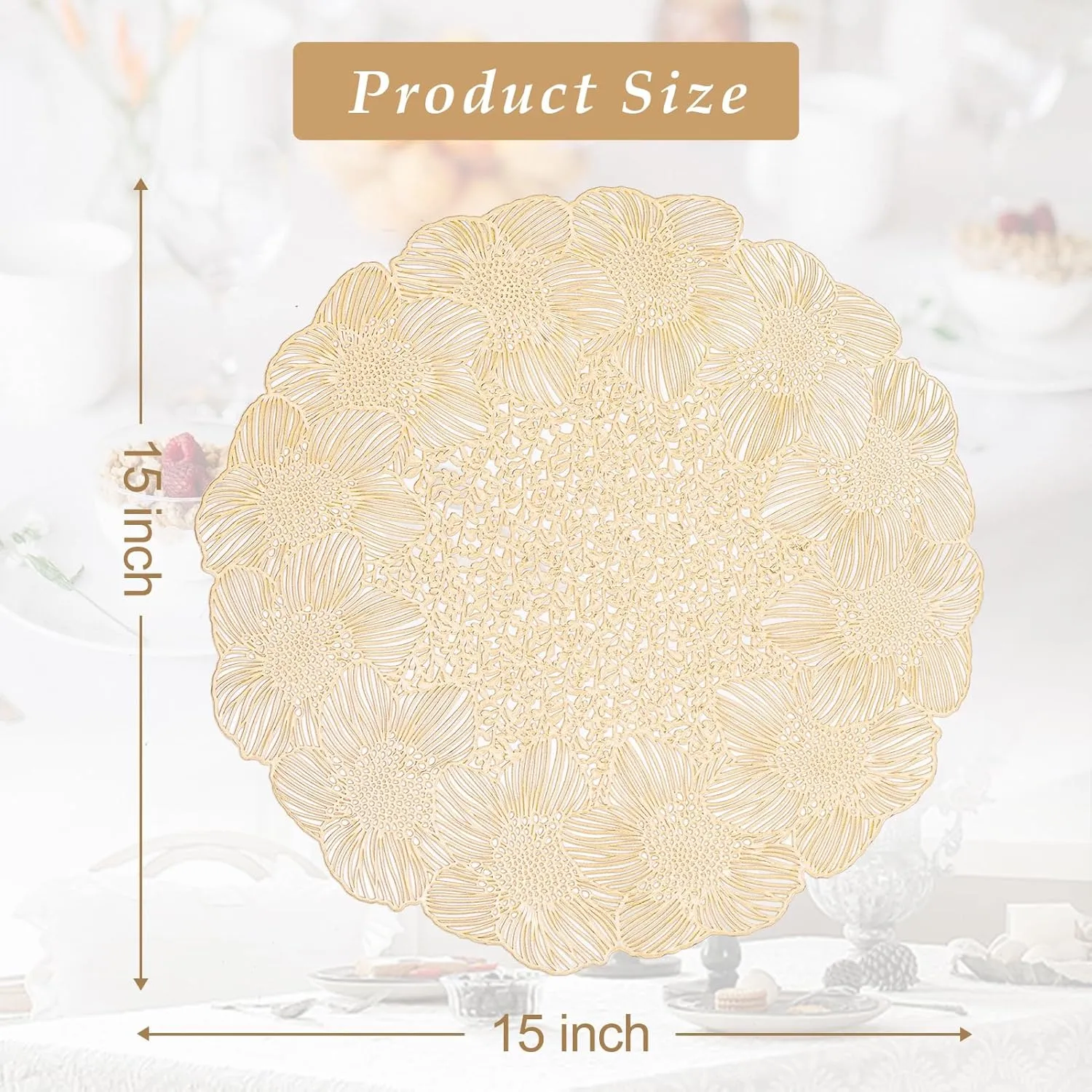 Round Gold Vinyl Placemats Set of 6, 15 Inch Flower Hollow-Out Place Mats Washable Non Slip Heat Resistant Table Mats for Dinner Table Settings Party Decoration