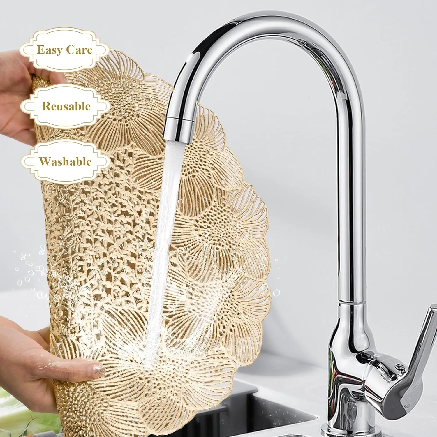 Round Gold Vinyl Placemats Set of 6, 15 Inch Flower Hollow-Out Place Mats Washable Non Slip Heat Resistant Table Mats for Dinner Table Settings Party Decoration