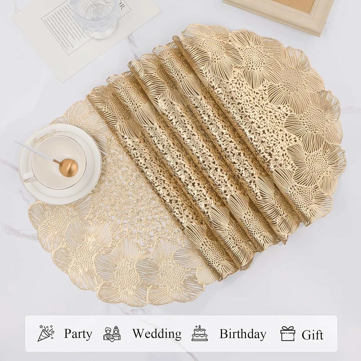 Round Gold Vinyl Placemats Set of 6, 15 Inch Flower Hollow-Out Place Mats Washable Non Slip Heat Resistant Table Mats for Dinner Table Settings Party Decoration
