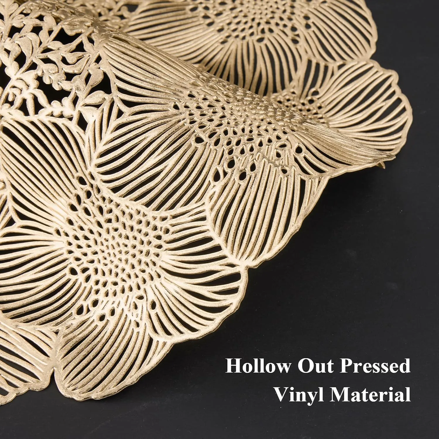 Round Gold Vinyl Placemats Set of 6, 15 Inch Flower Hollow-Out Place Mats Washable Non Slip Heat Resistant Table Mats for Dinner Table Settings Party Decoration