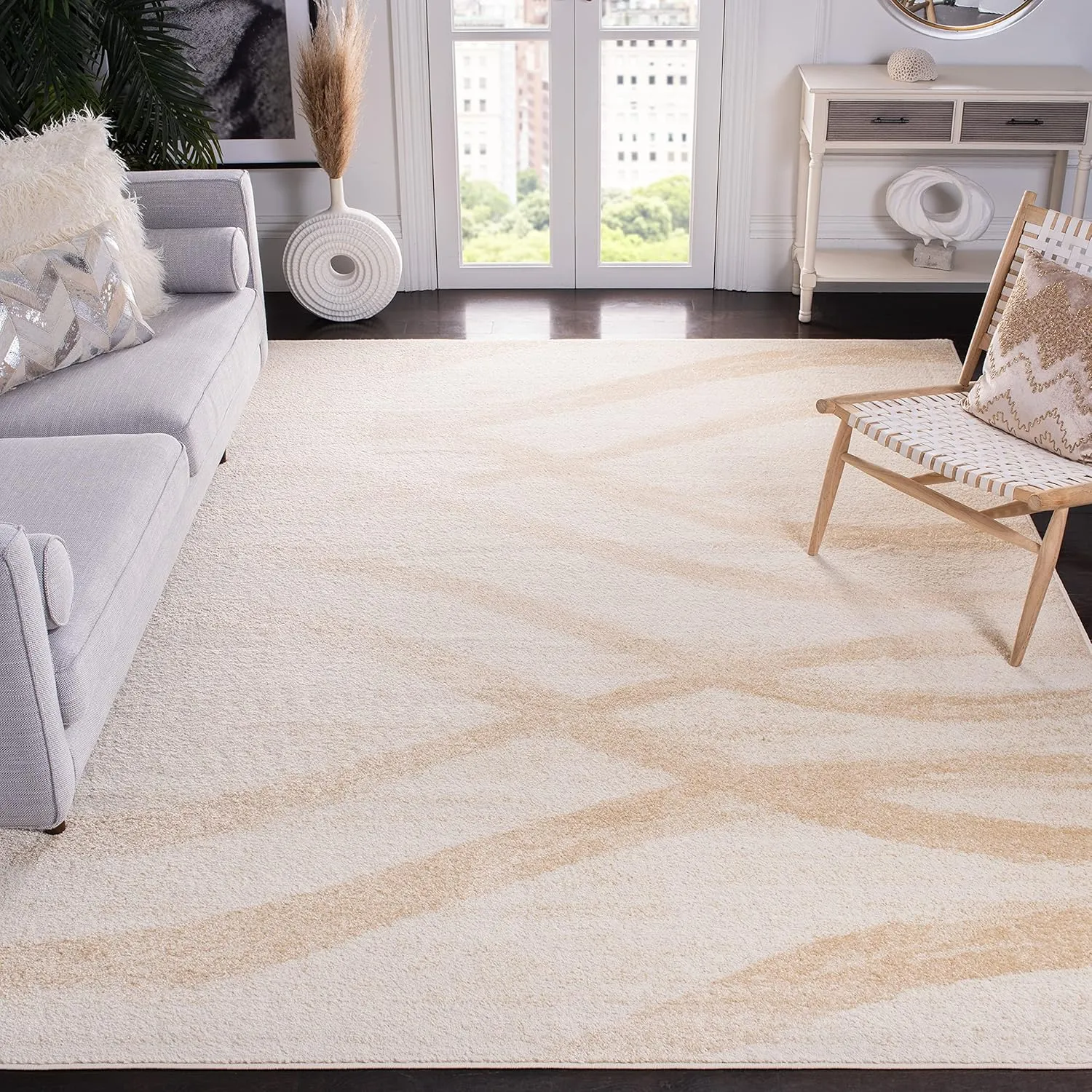 SAFAVIEH Adirondack Collection Area Rug - 9' x 12', Cream & Champagne, Modern Wave Distressed Design, Non-Shedding & Easy Care, Ideal for High Traffic Areas in Living Room, Bedroom (ADR125W)
