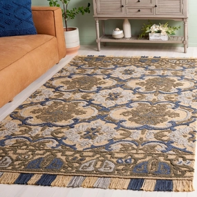 SAFAVIEH Blossom Collection Area Rug - 4' x 6', Gold & Blue, Floral Design, Handmade Wool, Ideal for The Living Room, Bedroom, Dining Room (BLM422D-4)