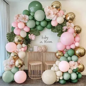 Sage Green Pink Balloon Arch Kit Double Stuffed Dusty Green Pastel Pink White Sand Gold Balloon Garland Light Olive Cream Balloons for Baby Shower Baby in Bloom Wedding Birthday Tropical Party Decor