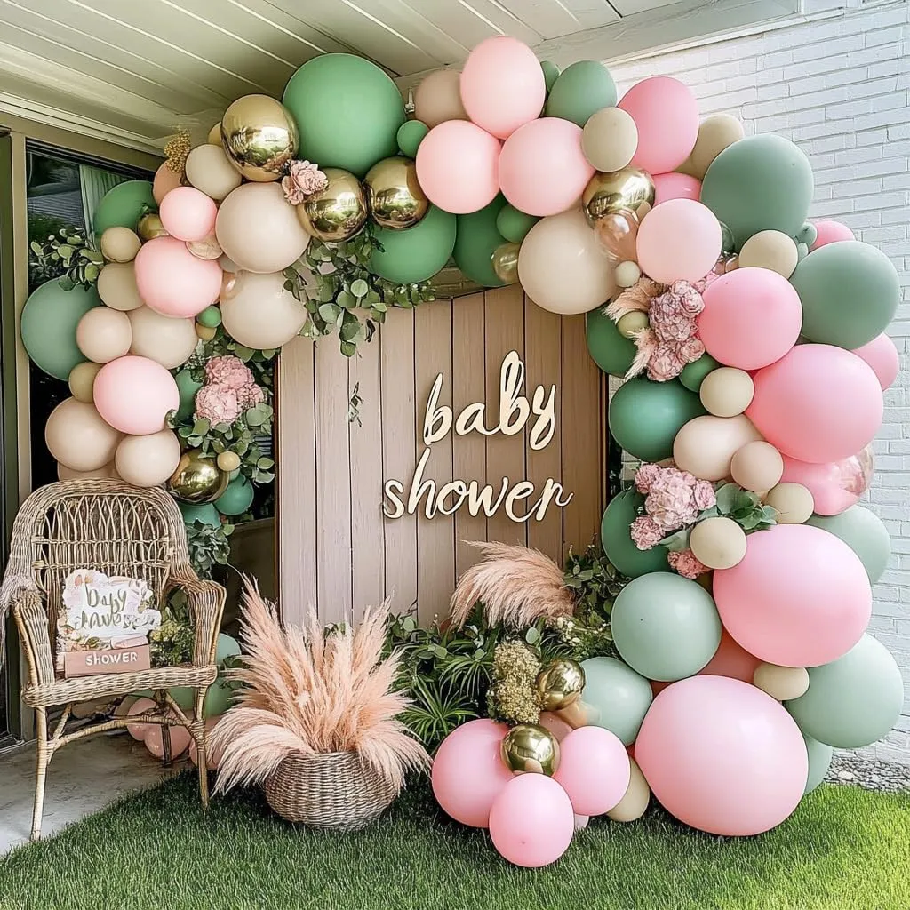 Sage Green Pink Balloon Arch Kit Double Stuffed Dusty Green Pastel Pink White Sand Gold Balloon Garland Light Olive Cream Balloons for Baby Shower Baby in Bloom Wedding Birthday Tropical Party Decor