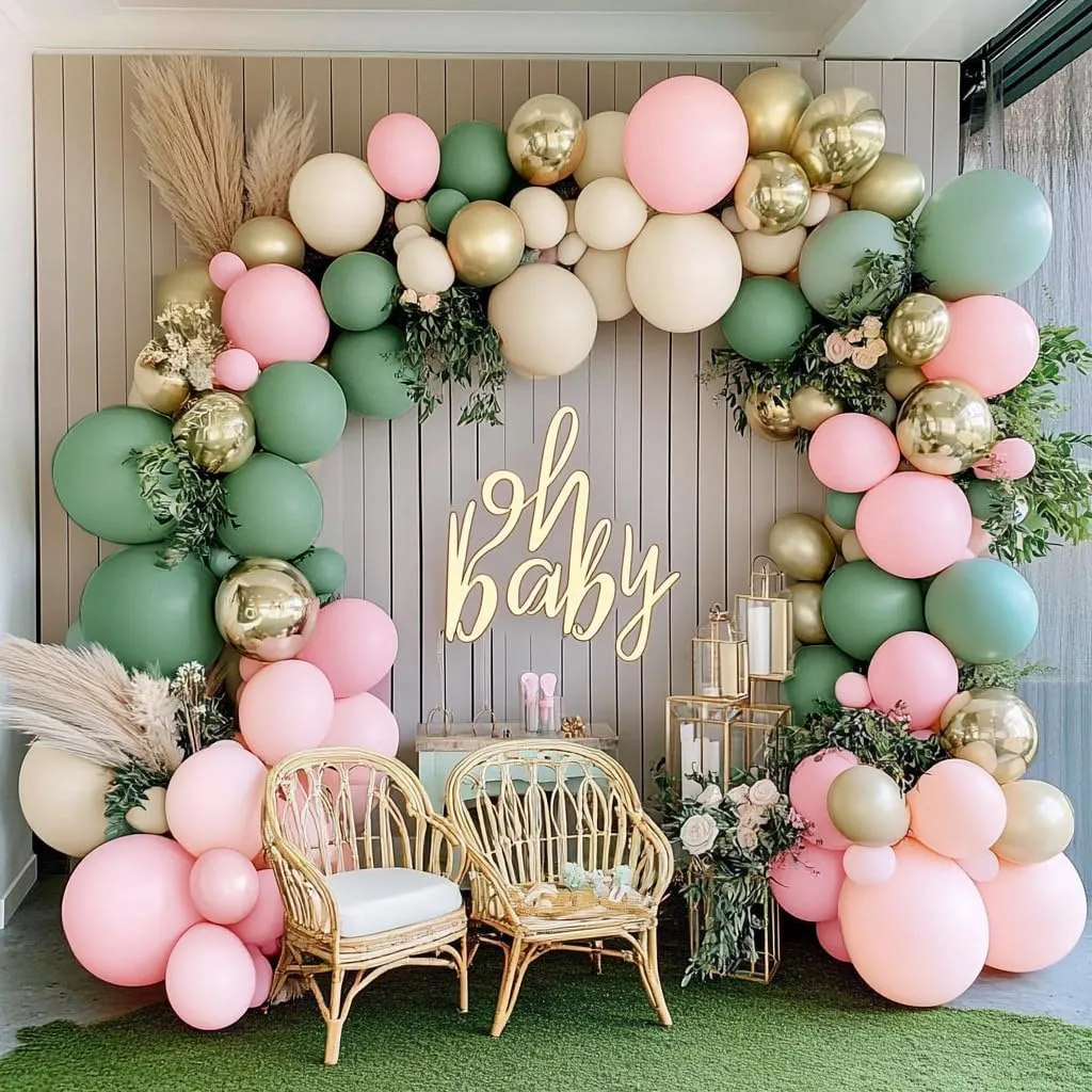 Sage Green Pink Balloon Arch Kit Double Stuffed Dusty Green Pastel Pink White Sand Gold Balloon Garland Light Olive Cream Balloons for Baby Shower Baby in Bloom Wedding Birthday Tropical Party Decor