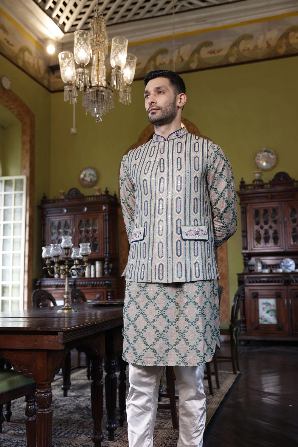 Sage Green Embroidered Bundi, Kurta and Chuidar
