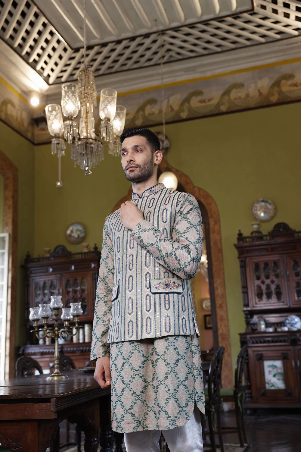 Sage Green Embroidered Bundi, Kurta and Chuidar
