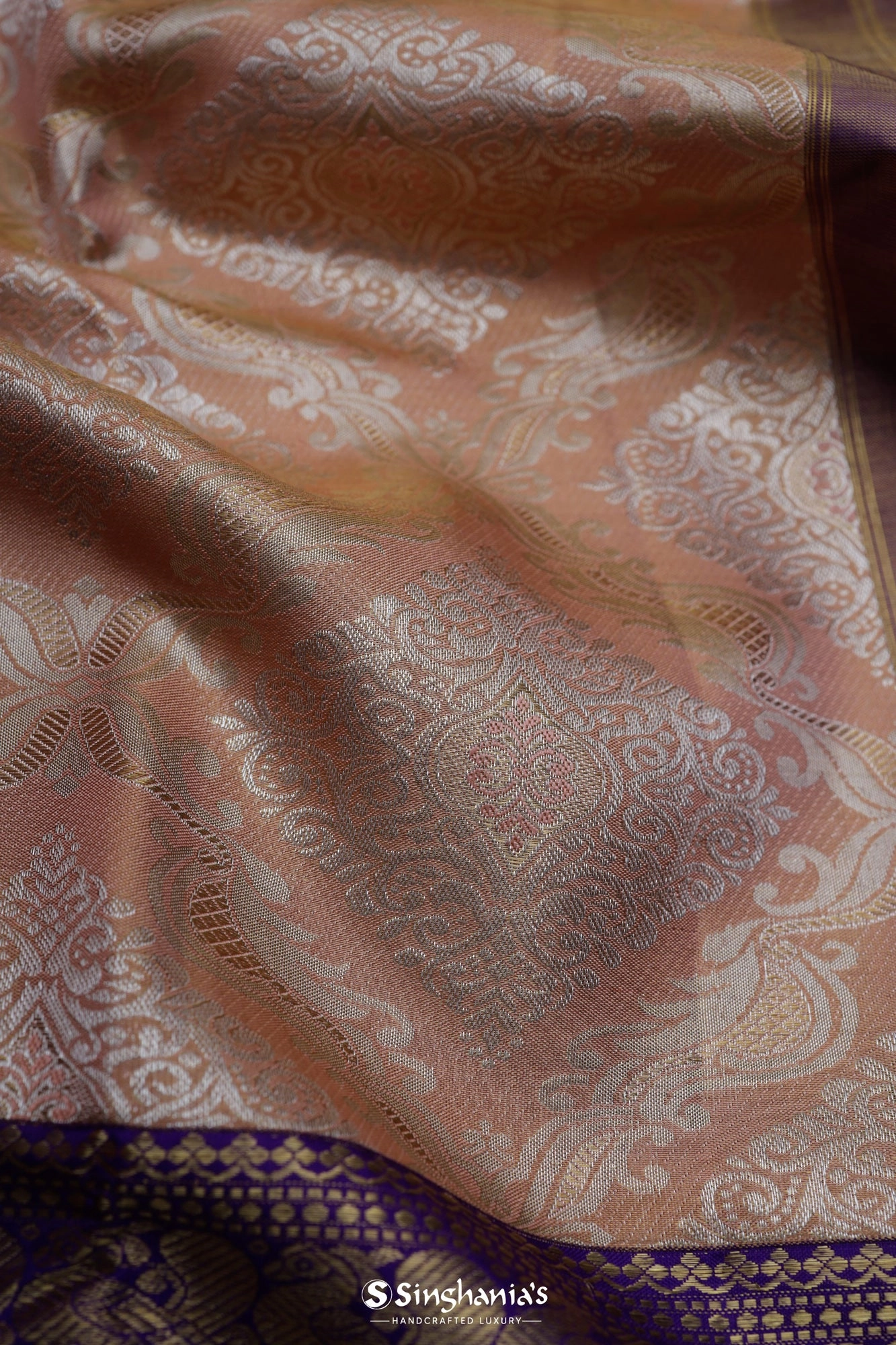 Salmon Peach Kanjivaram Silk Saree With Floral Butta