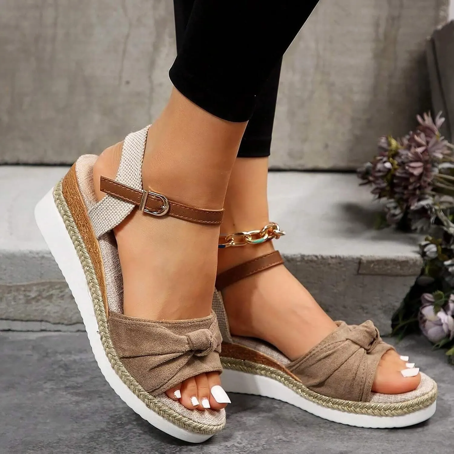 Sandals For Women 2025 Cute Bow Knot Espadrille Sandal Peep Toe Ankel Buckle Wedge Heels Dress Platform Pumps Shoes