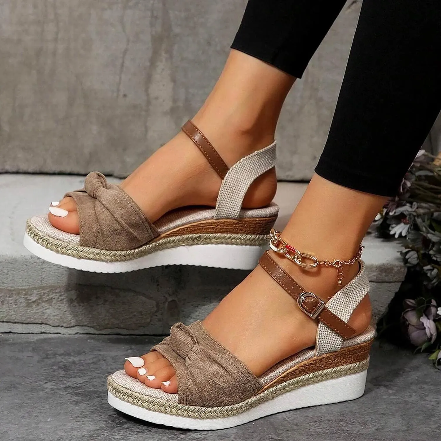 Sandals For Women 2025 Cute Bow Knot Espadrille Sandal Peep Toe Ankel Buckle Wedge Heels Dress Platform Pumps Shoes
