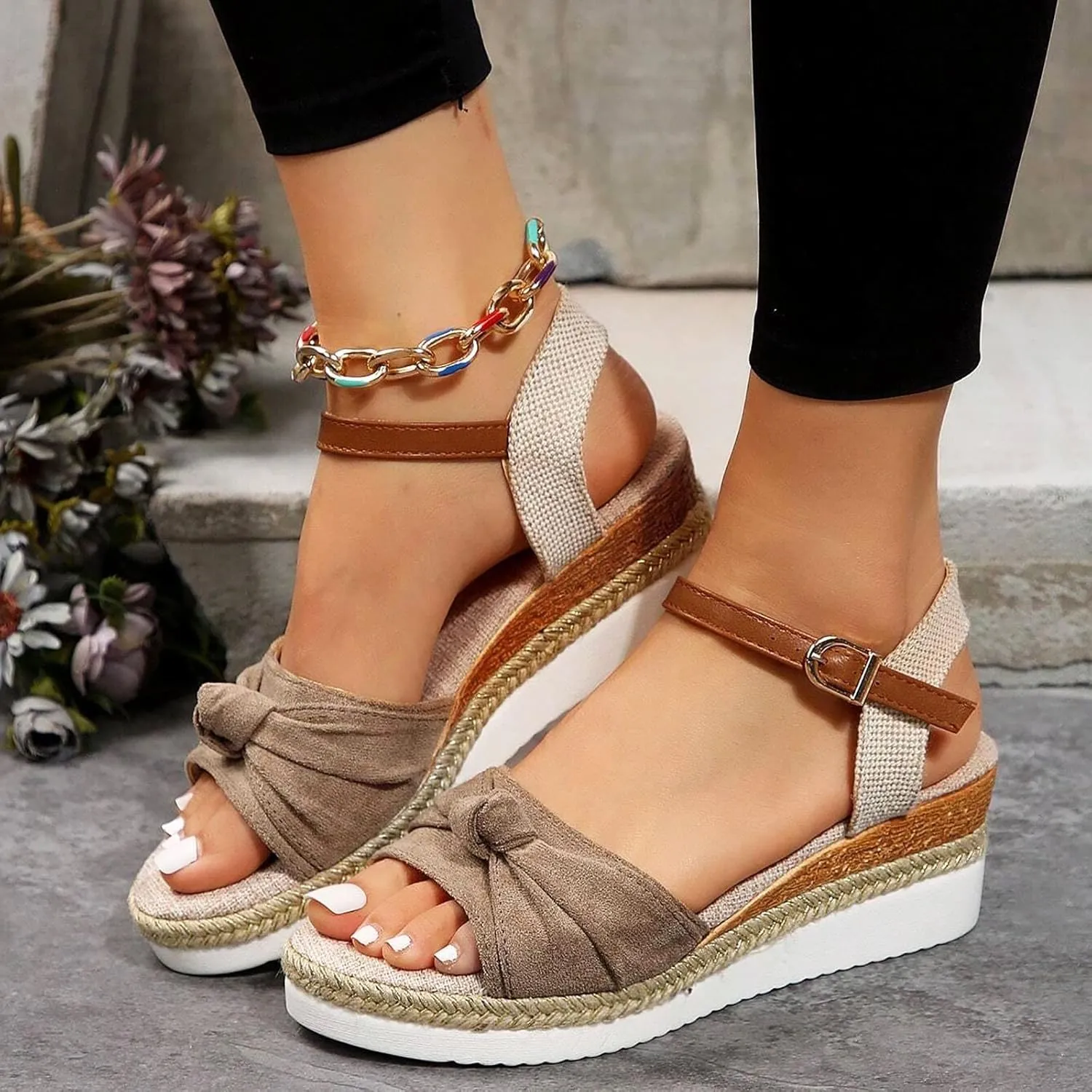 Sandals For Women 2025 Cute Bow Knot Espadrille Sandal Peep Toe Ankel Buckle Wedge Heels Dress Platform Pumps Shoes