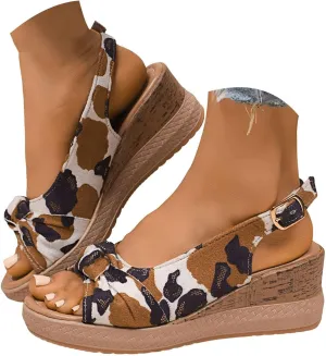 Sandals For Women 2025 Dressy Leopard Print Camouflage Wedges Heels Bow Knot Open Toe Ankle Buckle Wedge Pumps Shoes
