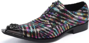 Santimon Men's Dress Derby Rainbow Stripe Metal Lion Embossed Shoes