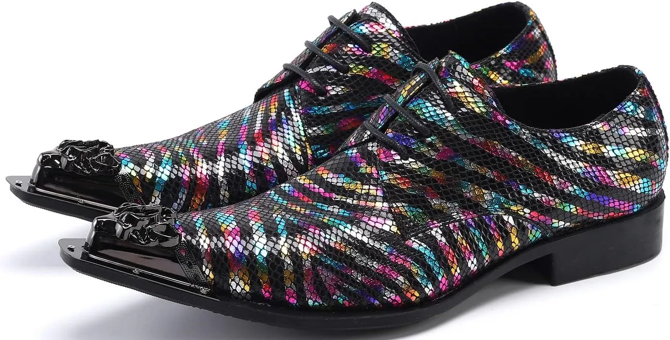 Santimon Men's Dress Derby Rainbow Stripe Metal Lion Embossed Shoes