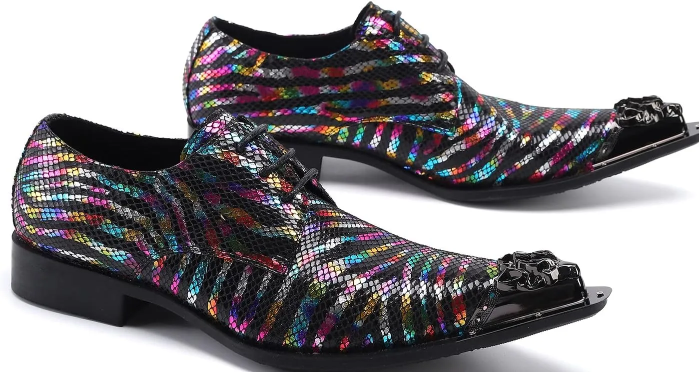 Santimon Men's Dress Derby Rainbow Stripe Metal Lion Embossed Shoes