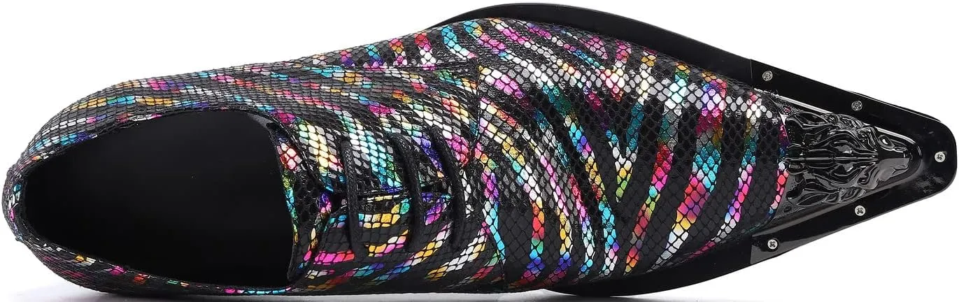 Santimon Men's Dress Derby Rainbow Stripe Metal Lion Embossed Shoes