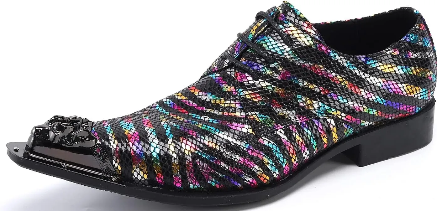 Santimon Men's Dress Derby Rainbow Stripe Metal Lion Embossed Shoes