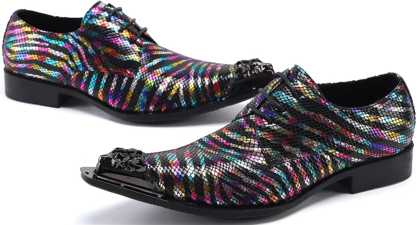 Santimon Men's Dress Derby Rainbow Stripe Metal Lion Embossed Shoes