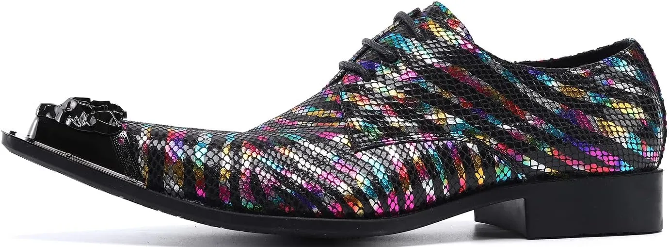 Santimon Men's Dress Derby Rainbow Stripe Metal Lion Embossed Shoes