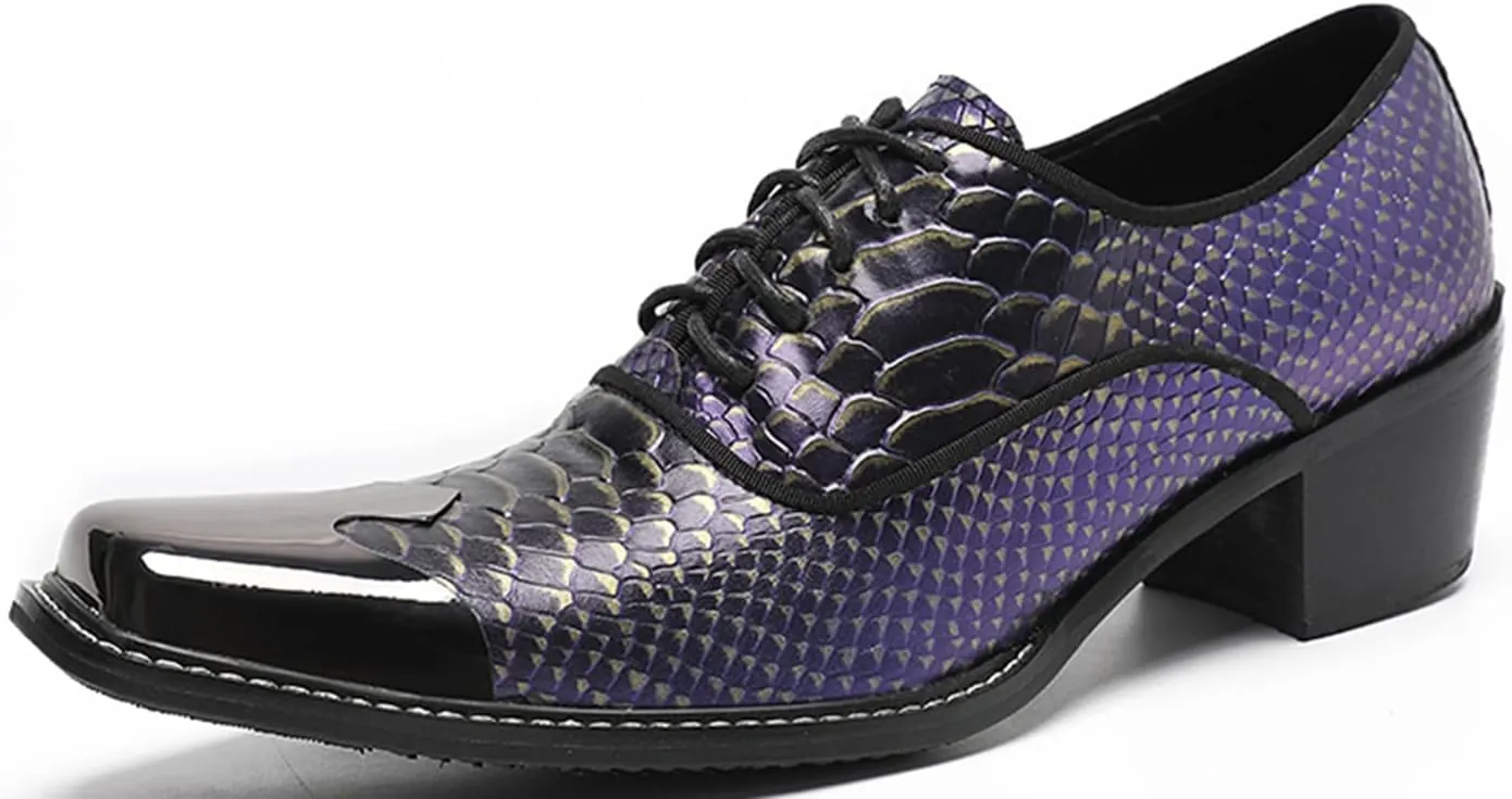 Santimon Men's Dress Oxford Snake Print Patent Metal Toe Two Tone Formal Shoes