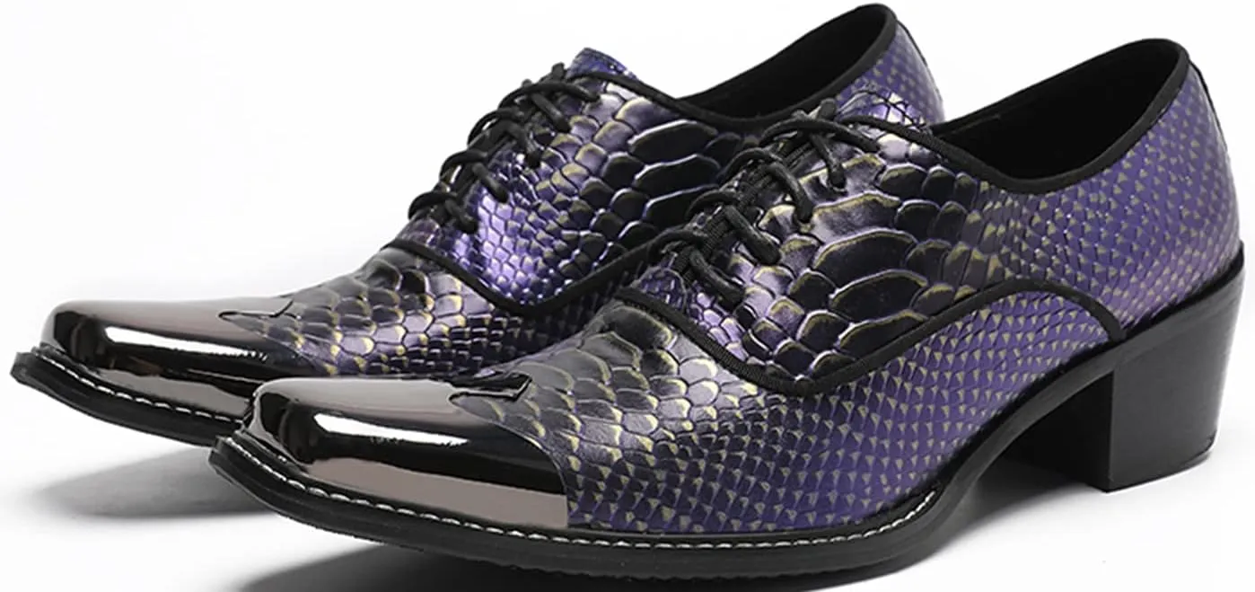 Santimon Men's Dress Oxford Snake Print Patent Metal Toe Two Tone Formal Shoes