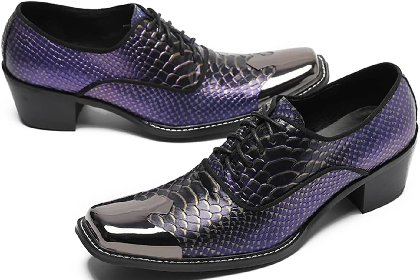 Santimon Men's Dress Oxford Snake Print Patent Metal Toe Two Tone Formal Shoes