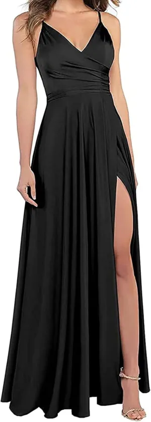 Satin Bridesmaid Dresses for Women Prom Dresses 2025 V-Neck A-Line Formal Wedding Guest Dress with Slit LNL054
