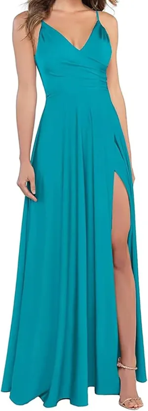 Satin Bridesmaid Dresses for Women Prom Dresses 2025 V-Neck A-Line Formal Wedding Guest Dress with Slit LNL054
