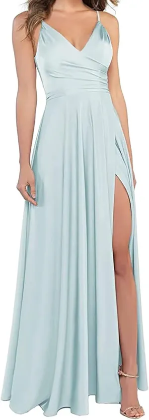 Satin Bridesmaid Dresses for Women Prom Dresses 2025 V-Neck A-Line Formal Wedding Guest Dress with Slit LNL054