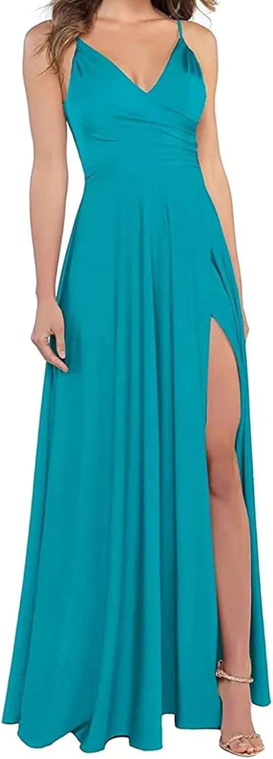 Satin Bridesmaid Dresses for Women Prom Dresses 2025 V-Neck A-Line Formal Wedding Guest Dress with Slit LNL054