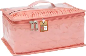 Satin Transparent Makeup Pouches Case Cosmetic Necklace Earrings Jewellery Box Travel Organizer For Women Peach with 10 Pouch