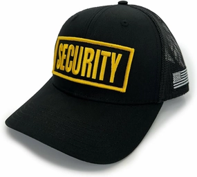 Security Guard Trucker Hat – Black Mesh Snapback Cap with Embroidered Gold Security Patch – One Size