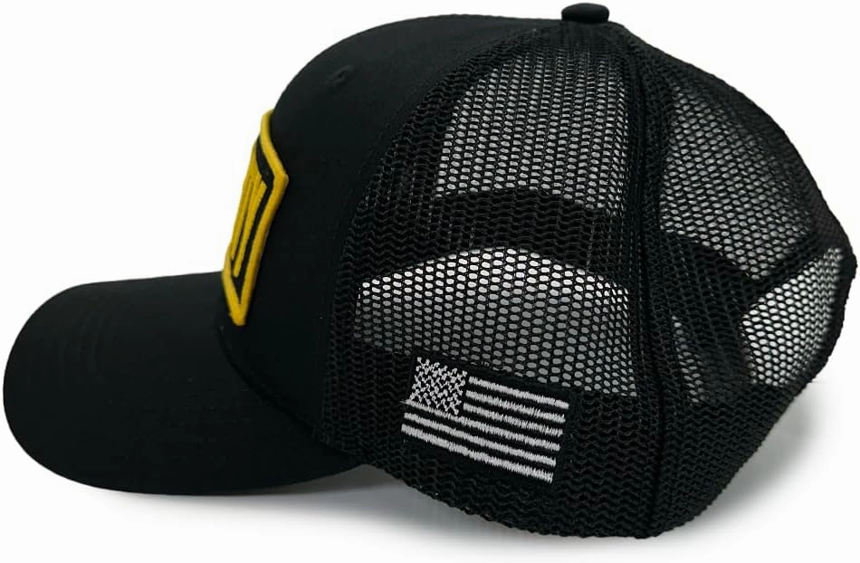 Security Guard Trucker Hat – Black Mesh Snapback Cap with Embroidered Gold Security Patch – One Size