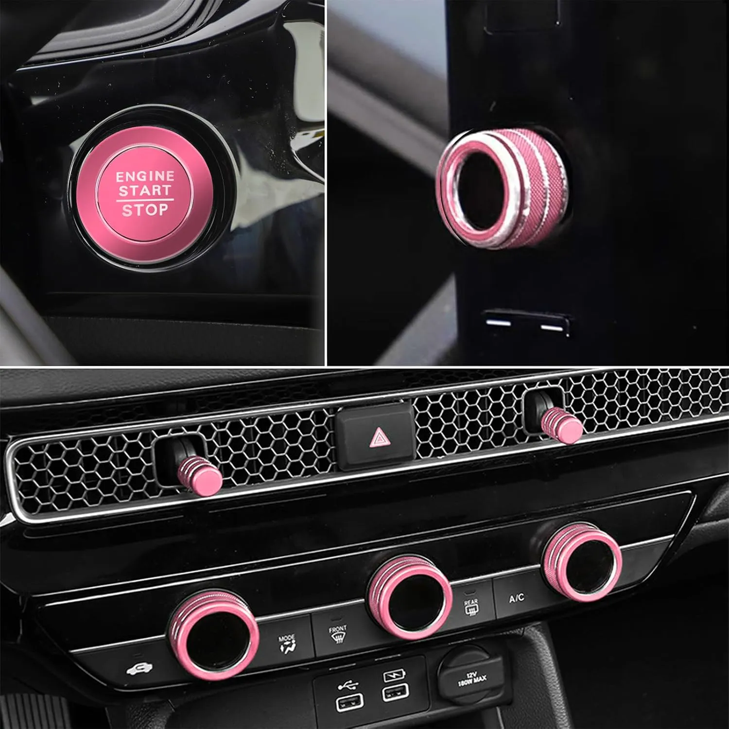 SENSHINE Air Conditioning, Vent Knob Cover for Honda Civic Accessories 2022 2023 2024 2025 for Honda CRV 2023 2024 2025 for Acura Integra 2023 2024 2025 Start/Stop Push Button Ring Trim 10Pcs (Pink)