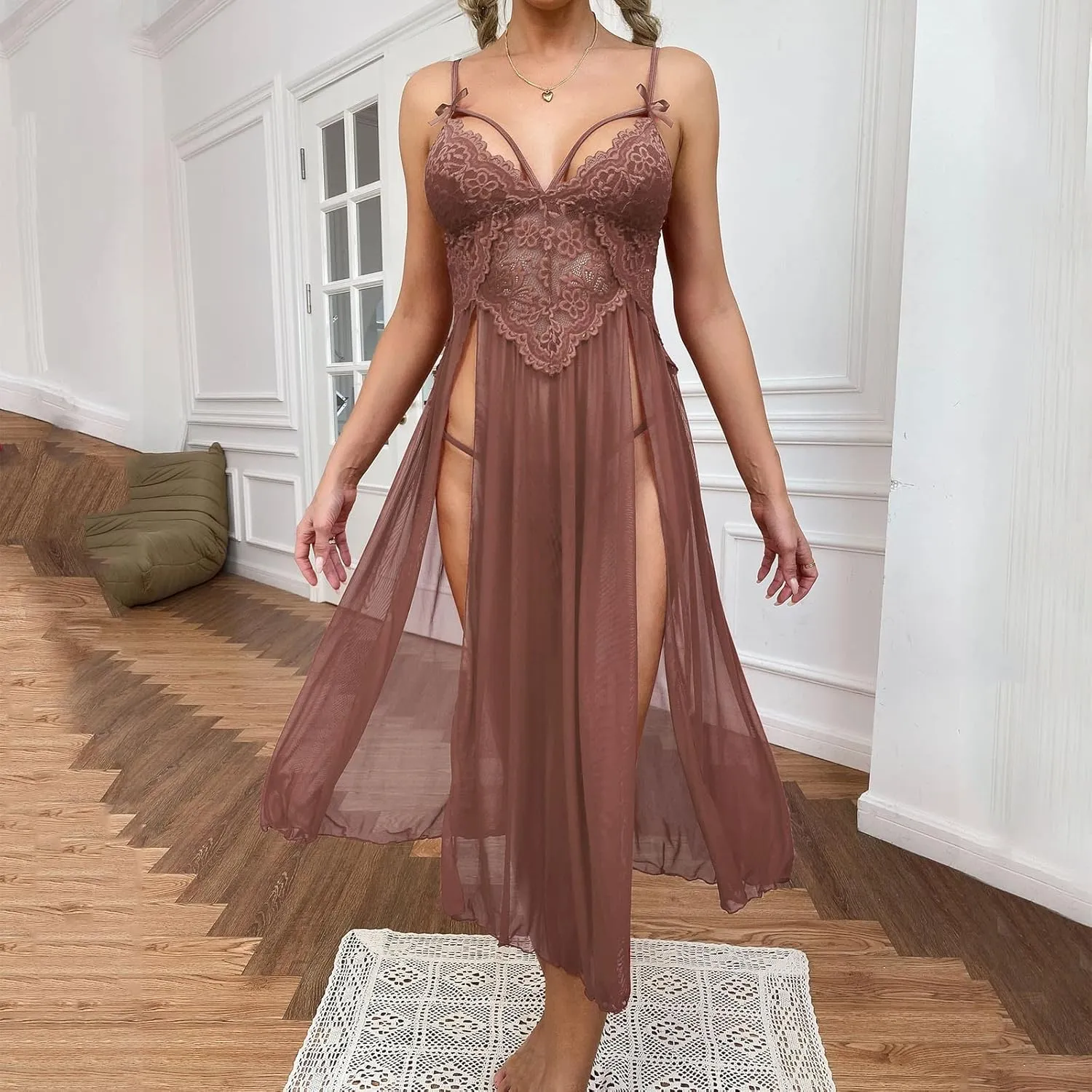 Sent Night Shirt Mesh Deep V Lace Pajamas Side Slit Suspender Lengthened Home Clothes Pajamas Women Warm Funny Sexy