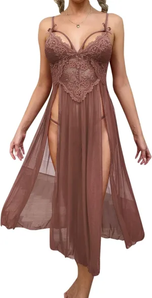 Sent Night Shirt Mesh Deep V Lace Pajamas Side Slit Suspender Lengthened Home Clothes Pajamas Women Warm Funny Sexy
