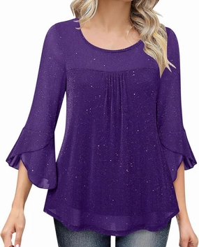 Sequin Tops for Women Ruffle 3/4 Sleeve Glitter Sparkly Tops Crew Neck Party Shirts Elegant Double Layers Mesh Tunic Tops