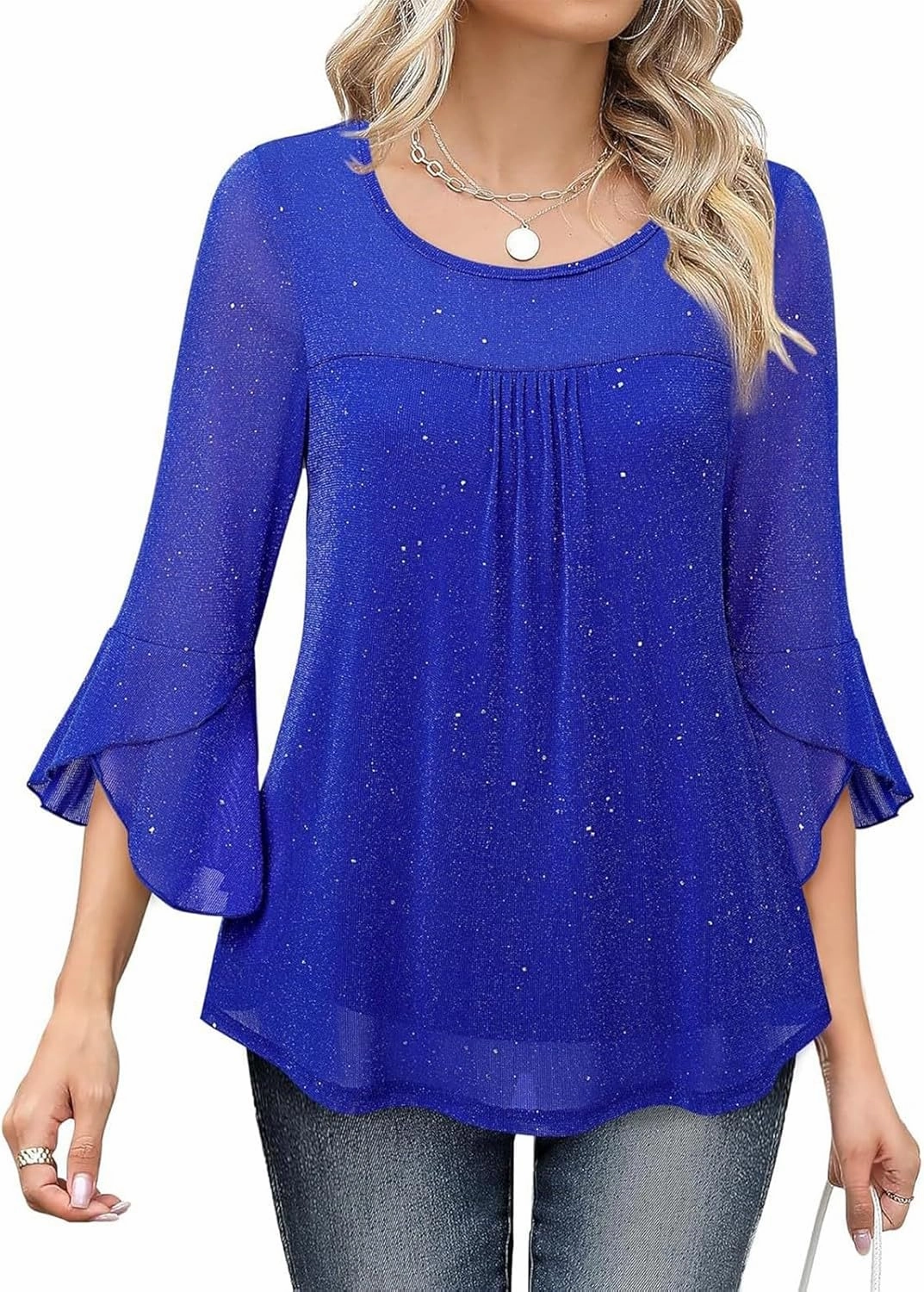 Sequin Tops for Women Ruffle 3/4 Sleeve Glitter Sparkly Tops Crew Neck Party Shirts Elegant Double Layers Mesh Tunic Tops