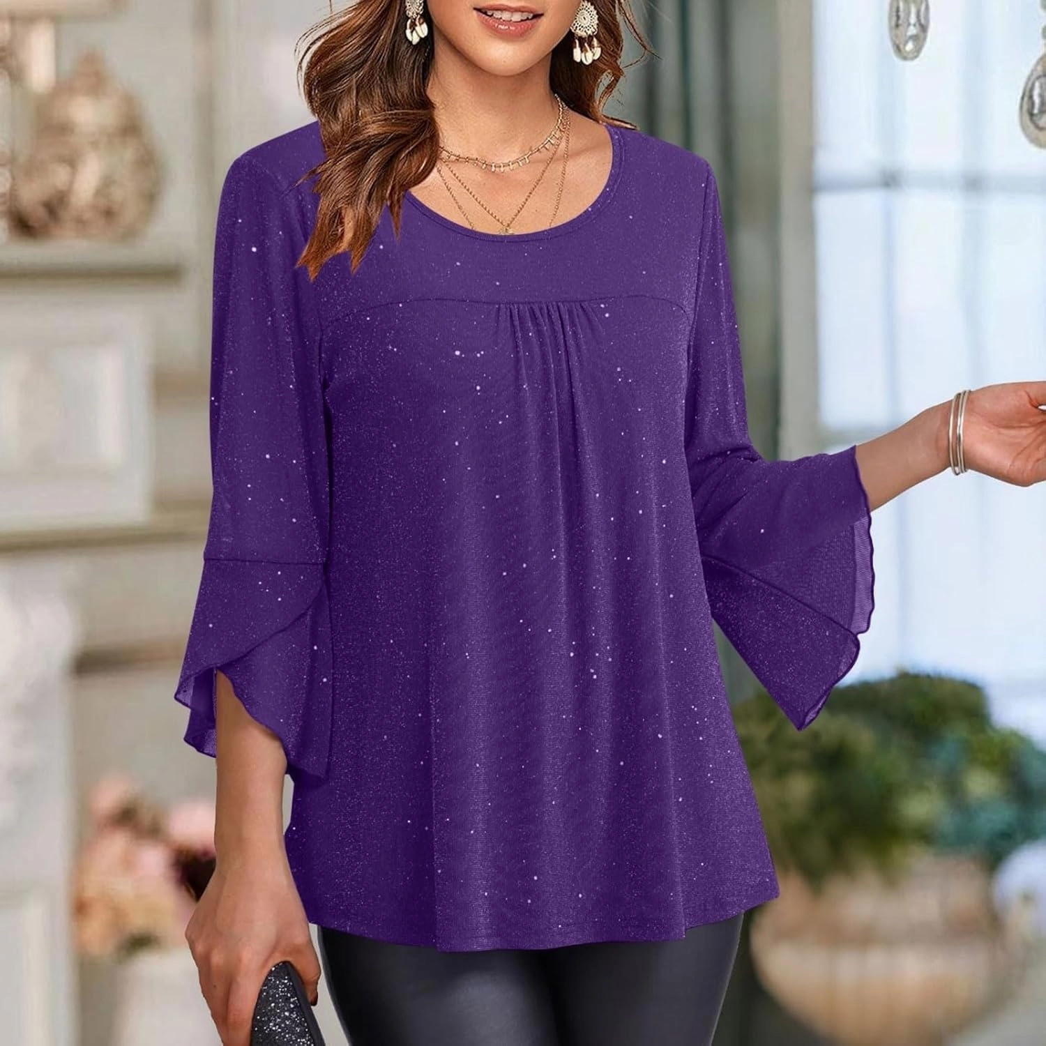 Sequin Tops for Women Ruffle 3/4 Sleeve Glitter Sparkly Tops Crew Neck Party Shirts Elegant Double Layers Mesh Tunic Tops