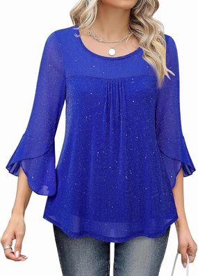 Sequin Tops for Women Ruffle 3/4 Sleeve Glitter Sparkly Tops Crew Neck Party Shirts Elegant Double Layers Mesh Tunic Tops