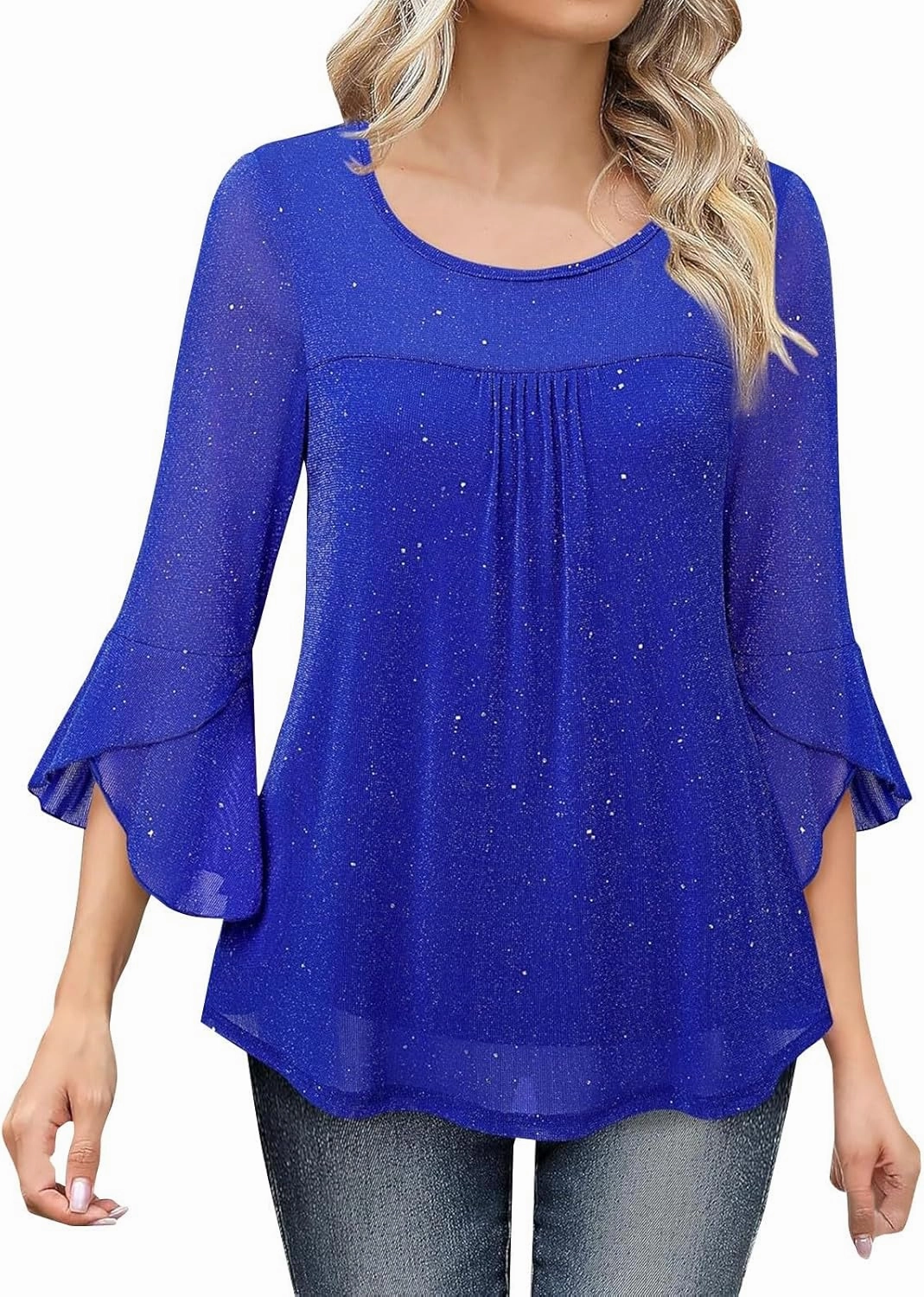 Sequin Tops for Women Ruffle 3/4 Sleeve Glitter Sparkly Tops Crew Neck Party Shirts Elegant Double Layers Mesh Tunic Tops