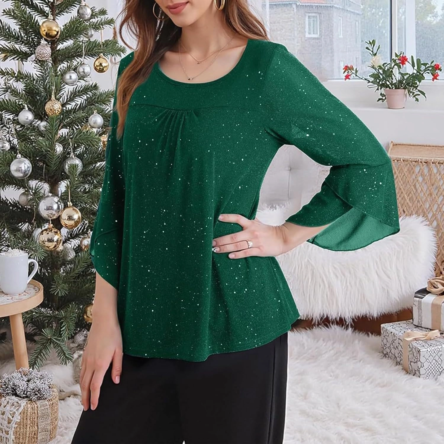 Sequin Tops for Women Ruffle 3/4 Sleeve Glitter Sparkly Tops Crew Neck Party Shirts Elegant Double Layers Mesh Tunic Tops