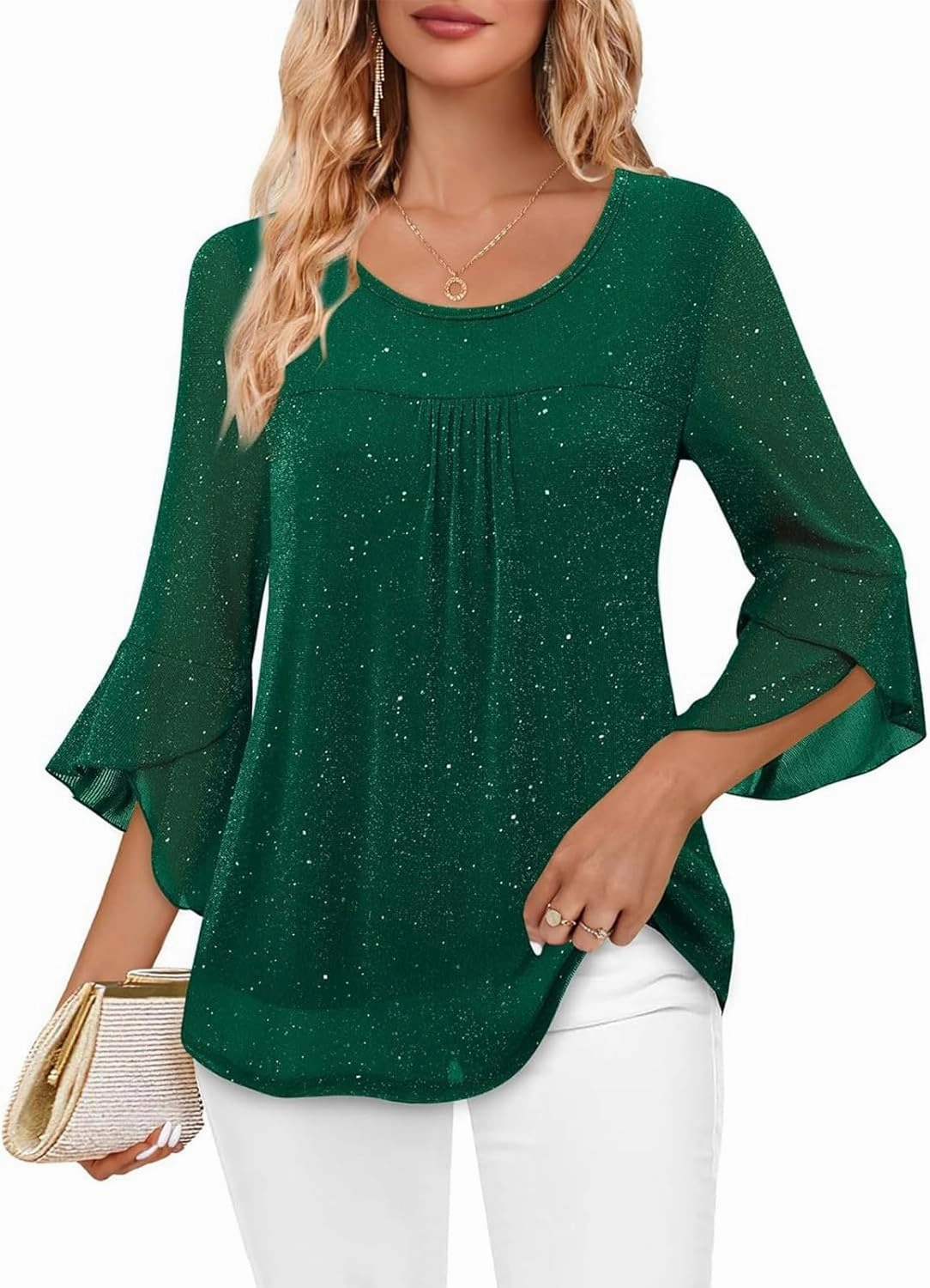 Sequin Tops for Women Ruffle 3/4 Sleeve Glitter Sparkly Tops Crew Neck Party Shirts Elegant Double Layers Mesh Tunic Tops