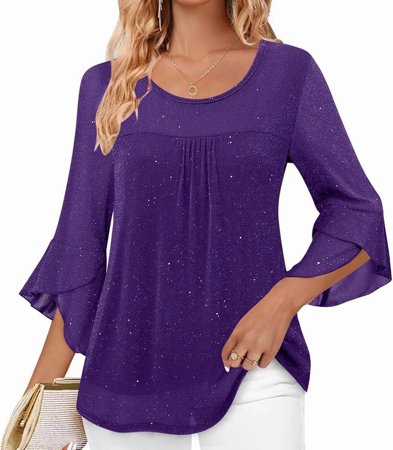 Sequin Tops for Women Ruffle 3/4 Sleeve Glitter Sparkly Tops Crew Neck Party Shirts Elegant Double Layers Mesh Tunic Tops